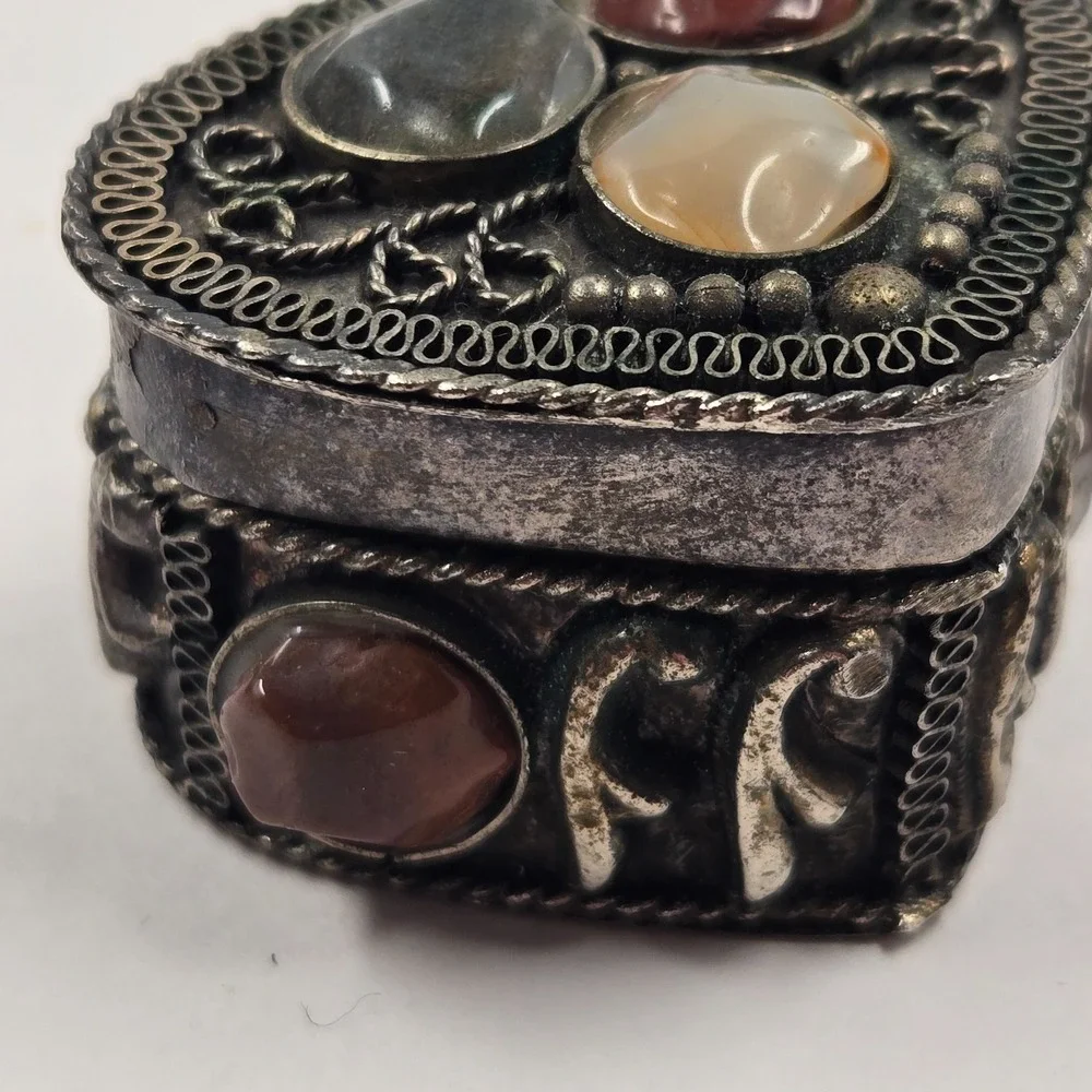 Tiny Vintage Indian Stone Trinket Box Mini Jewelry Ring Box Boho Decor